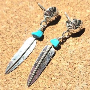 Vintage turquoise and silver feather earrings